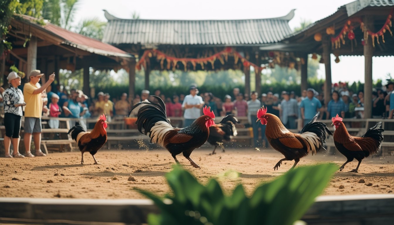 Arena sabung ayam tradisional dengan ayam jago sedang bertarung dan penonton yang antusias di sekitarnya.