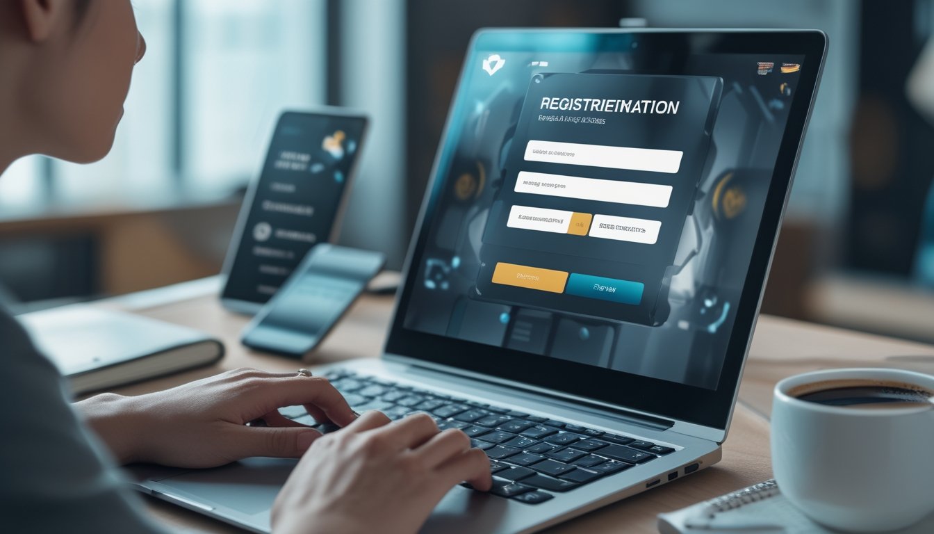 Seseorang mengetik di laptop dengan layar formulir pendaftaran, di meja terdapat ponsel yang menampilkan notifikasi bonus, suasana terang dan rapi.