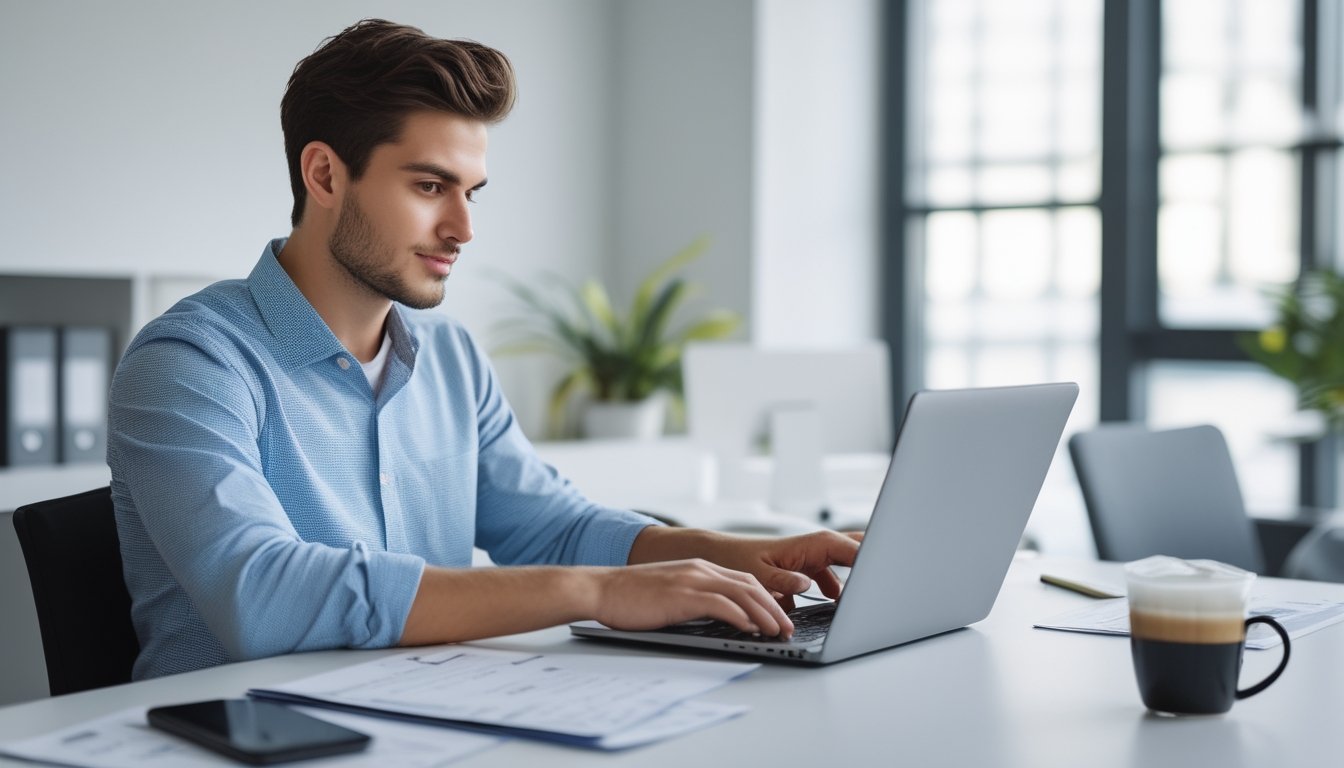Seorang pria muda sedang duduk di meja kerja menggunakan laptop untuk mendaftar secara online di ruang kantor yang terang dan rapi.