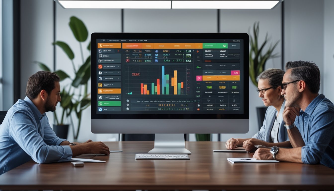 Orang-orang sedang melihat layar komputer dengan data pasar sabung ayam di sebuah kantor modern.