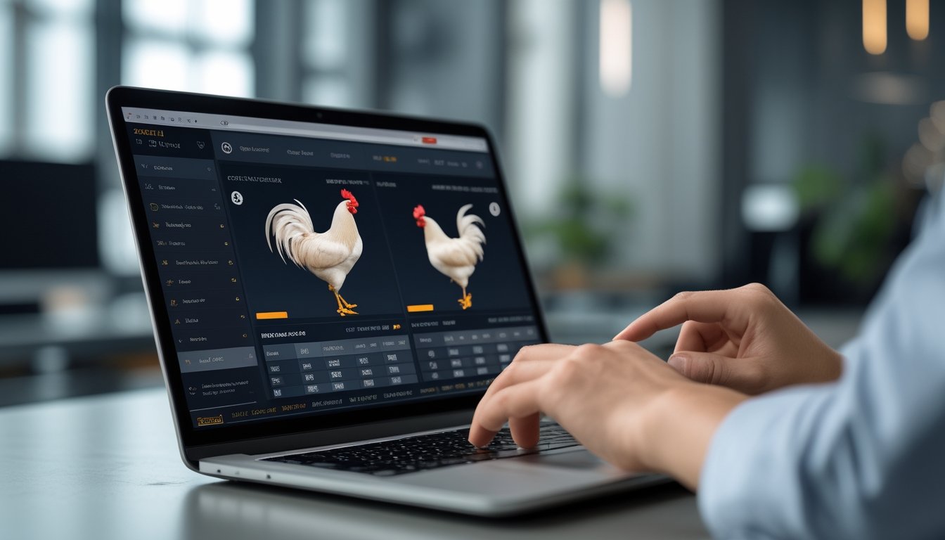 Seseorang menggunakan laptop yang menampilkan situs taruhan sabung ayam dengan berbagai pasaran dan informasi lengkap.