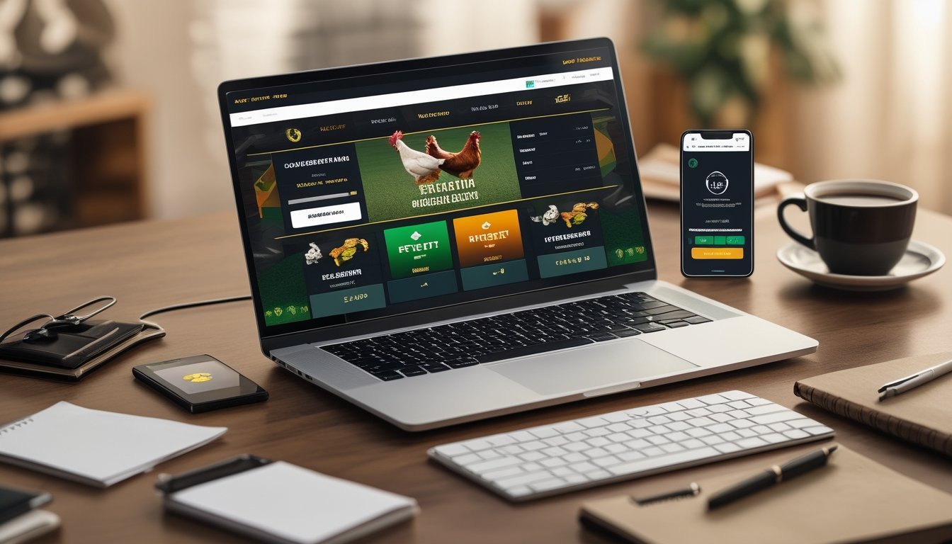 Sebuah ruang kerja modern dengan laptop dan ponsel yang menampilkan aplikasi terkait taruhan online, dikelilingi oleh alat tulis dan cangkir kopi.
