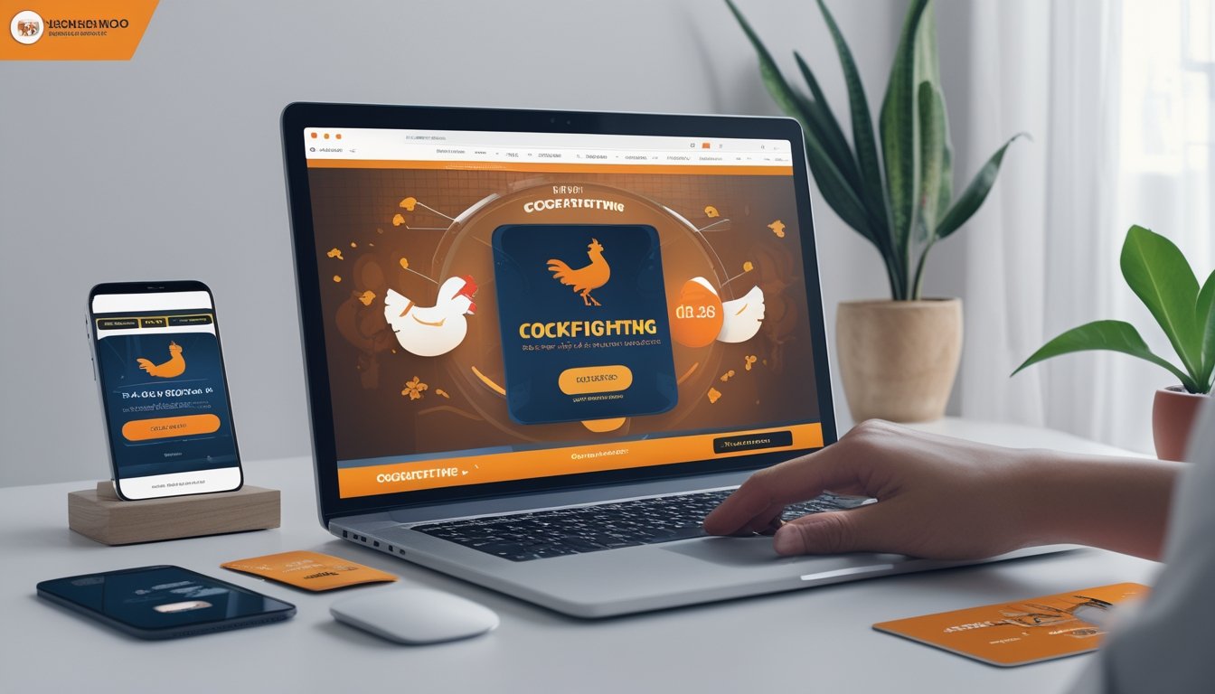 Seorang pengguna berinteraksi dengan komputer yang menampilkan platform taruhan sabung ayam online, dengan elemen pembayaran digital di sekitarnya.