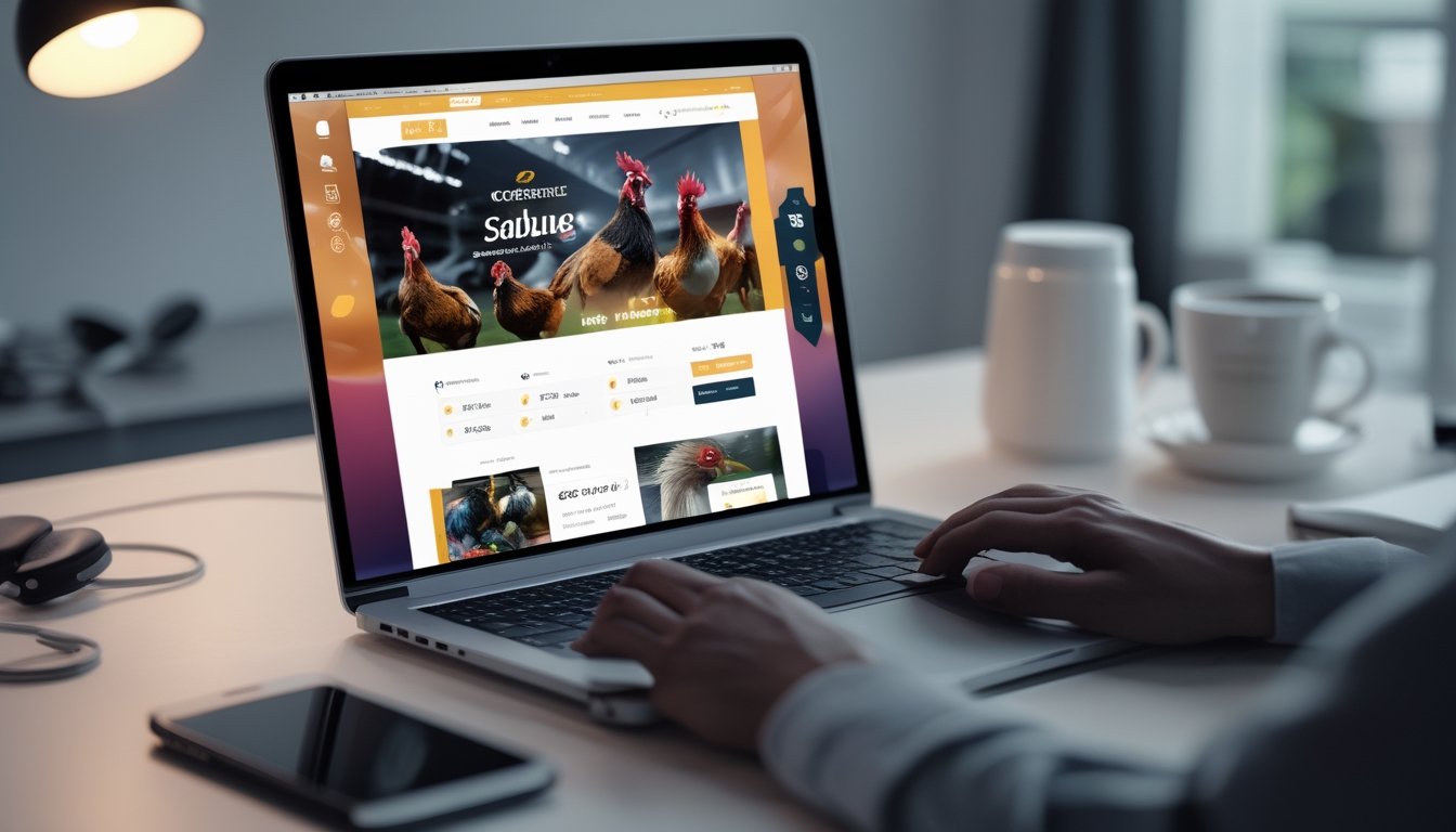 Seorang pengguna melihat layar laptop yang menampilkan situs taruhan sabung ayam dengan akses mudah 24 jam.
