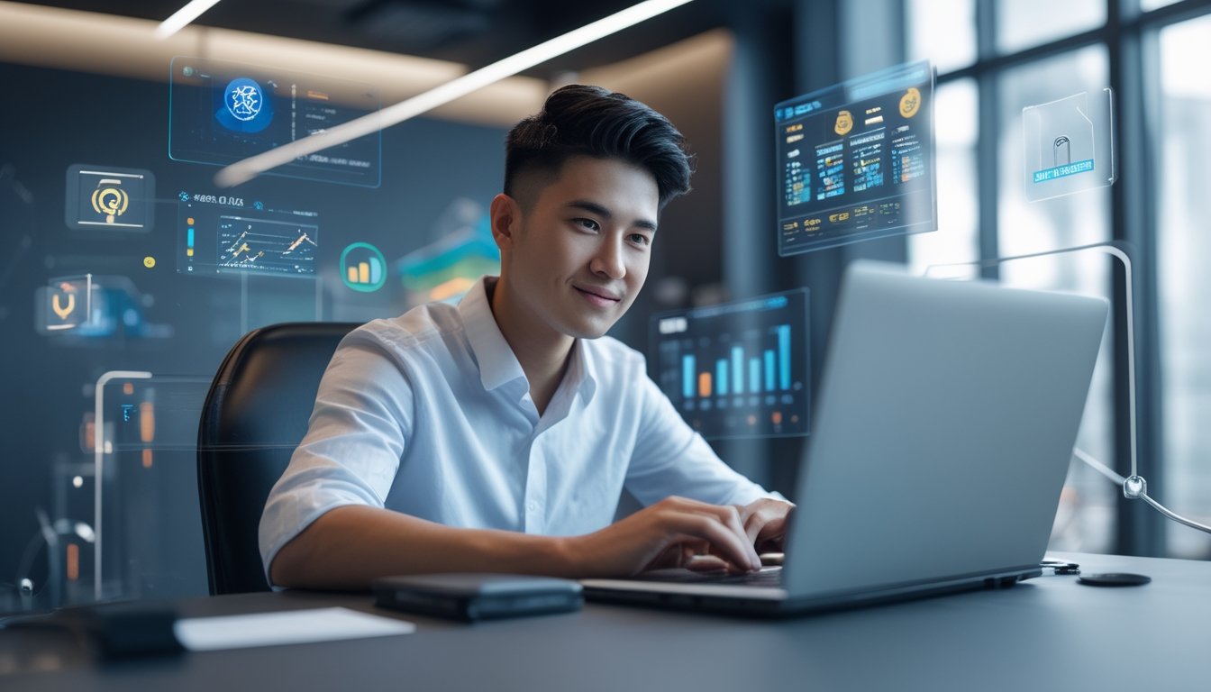 Seorang pria muda Asia Tenggara duduk di meja kantor modern menggunakan laptop dengan layar digital mengambang menampilkan grafik dan data.
