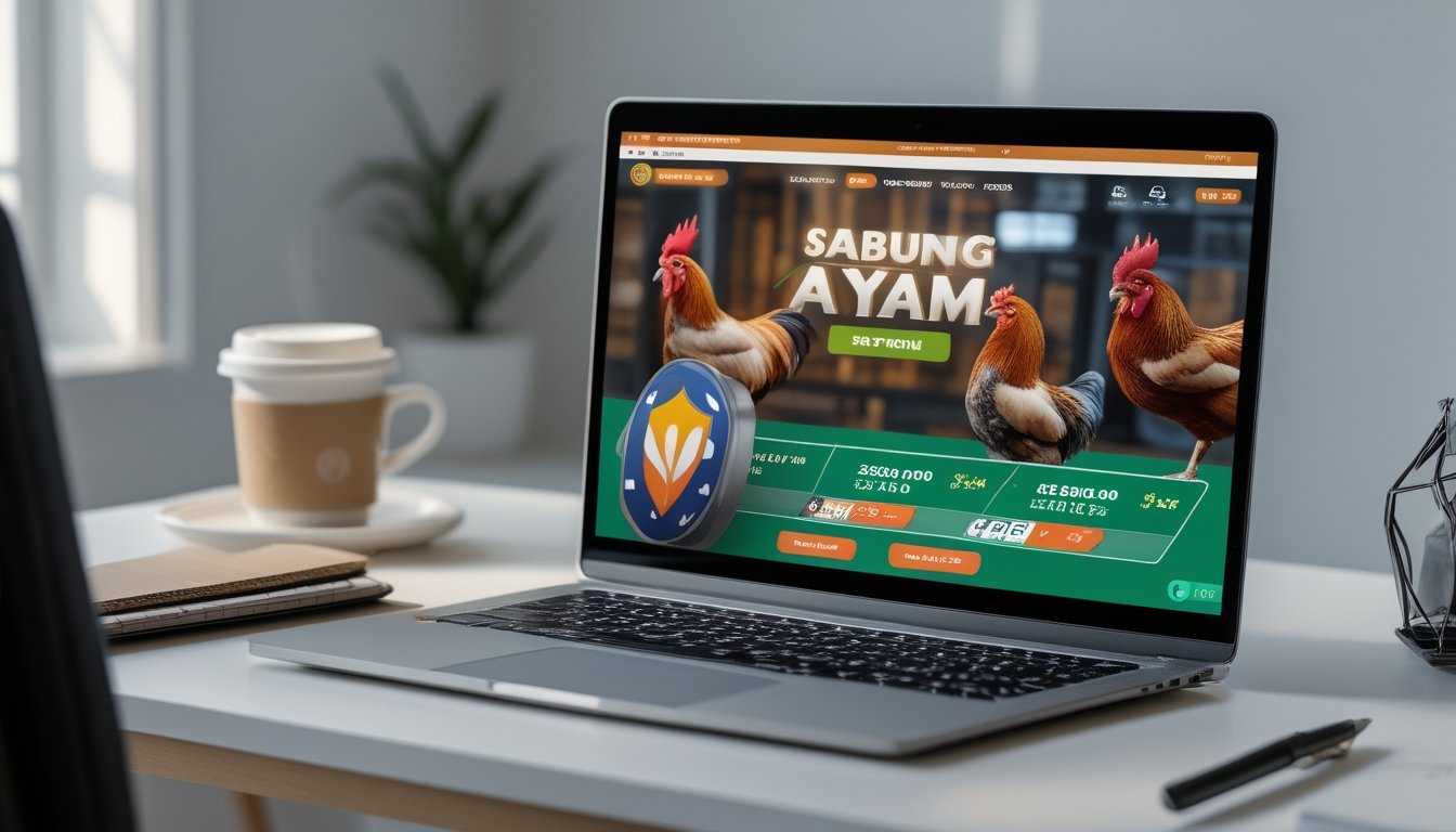 Seseorang menggunakan komputer dengan tampilan platform sabung ayam online, dikelilingi oleh elemen yang menunjukkan keamanan dan suasana kerja yang nyaman.