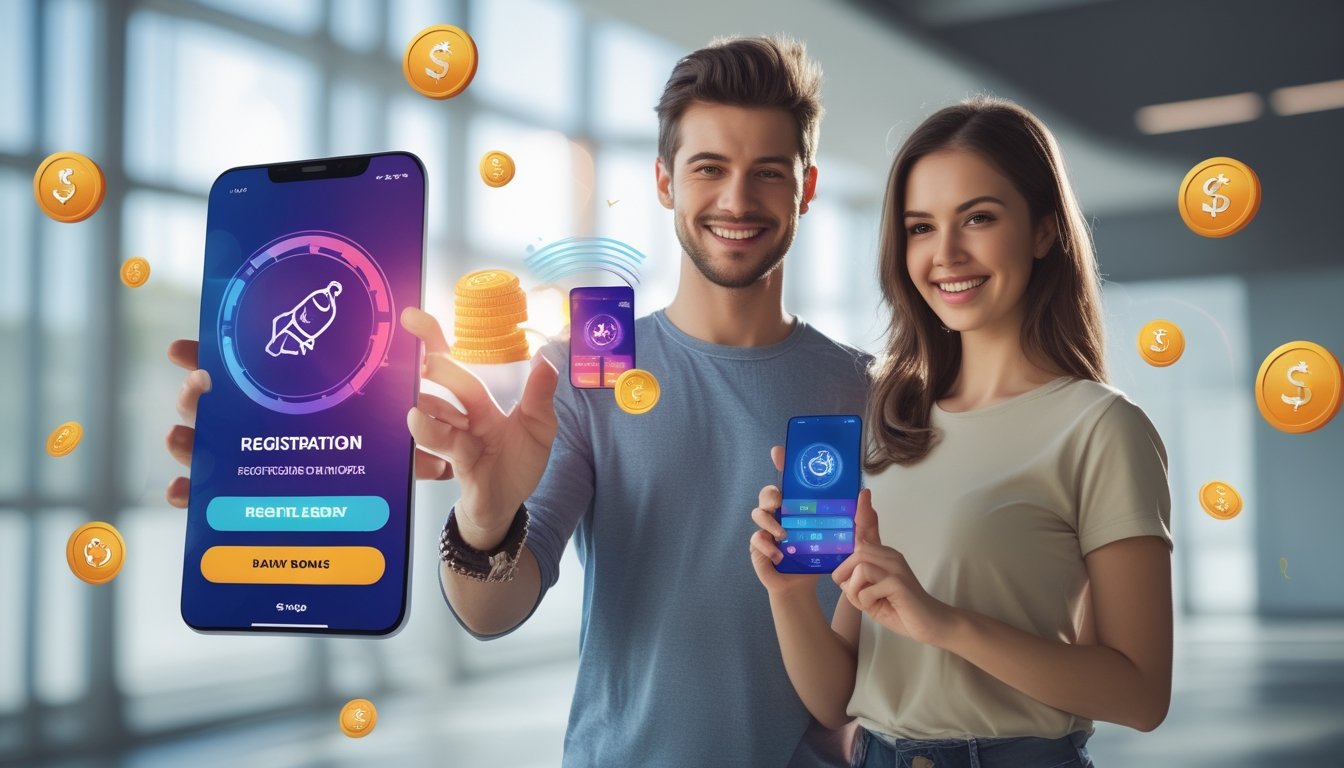 Seorang pria dan wanita muda tersenyum sambil memegang ponsel dengan latar belakang simbol koin dan hadiah digital.