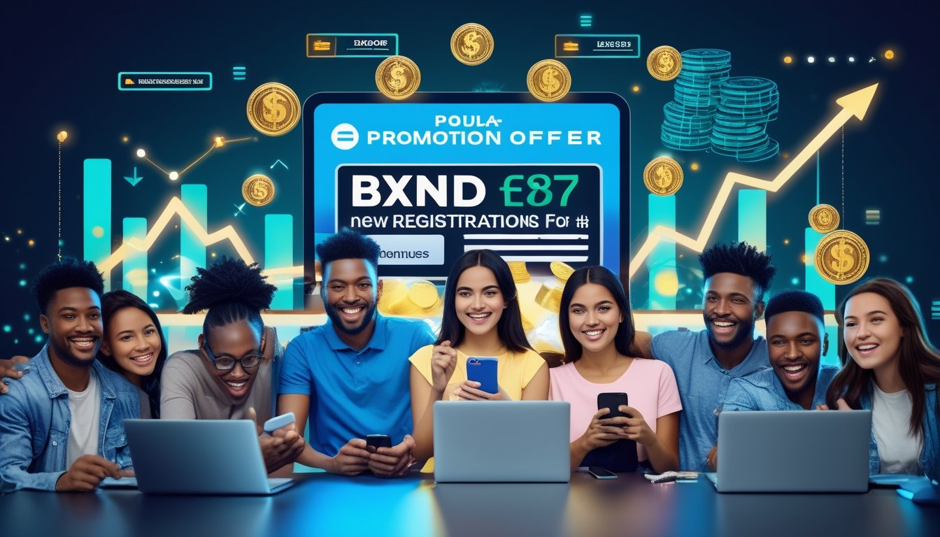 Sekelompok orang muda menggunakan ponsel dan laptop dengan latar belakang grafik koin dan uang yang melambangkan bonus dan cashback.