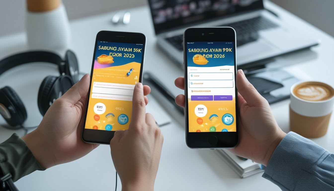 Dua tangan memegang smartphone Android dan iPhone dengan layar aplikasi yang berwarna cerah di atas meja kerja yang rapi.