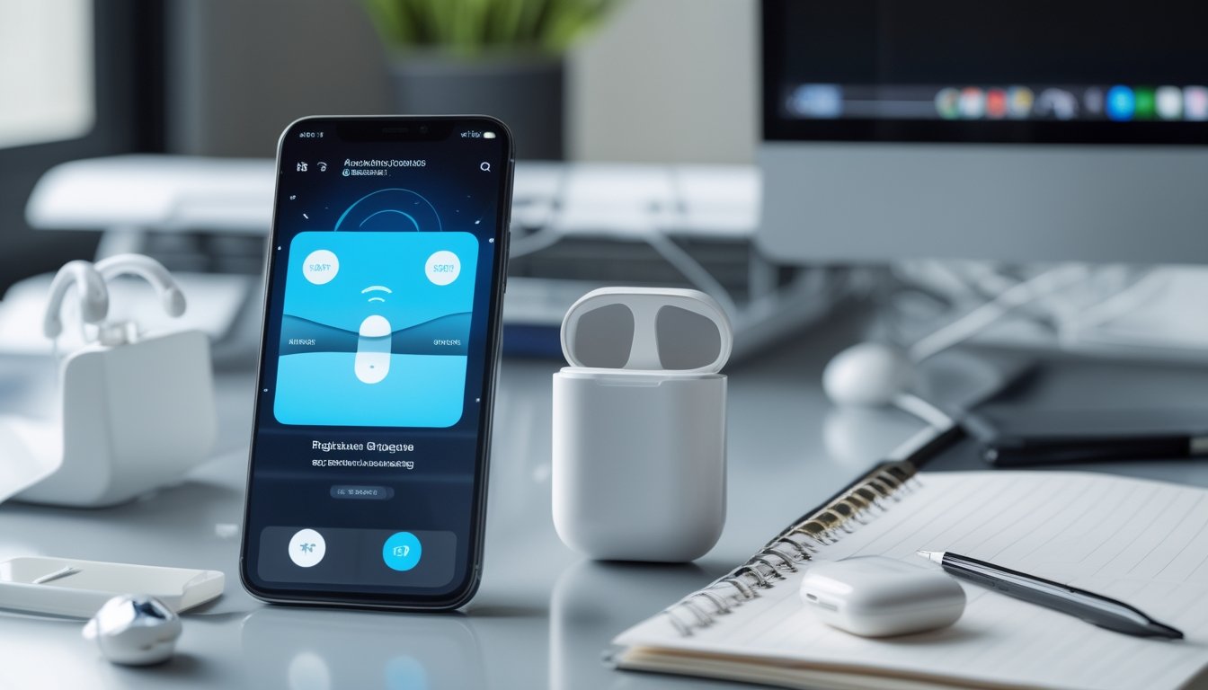 Meja kerja dengan smartphone Android dan iPhone berdampingan, menampilkan ikon koneksi, bersama aksesori seperti earbud dan kabel pengisi daya.