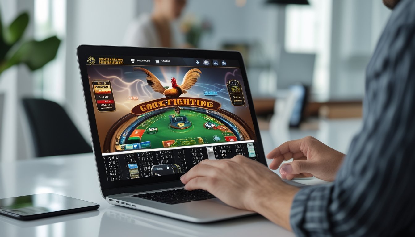 Seorang profesional menggunakan laptop di ruang kerja modern dengan layar menampilkan platform permainan online.