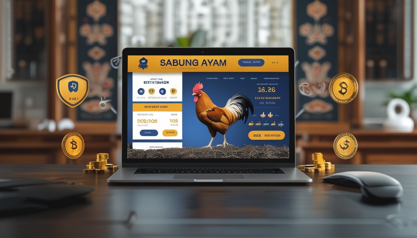 Seorang pengguna laptop dengan tampilan situs taruhan sabung ayam online, dikelilingi simbol keamanan dan elemen budaya Indonesia.