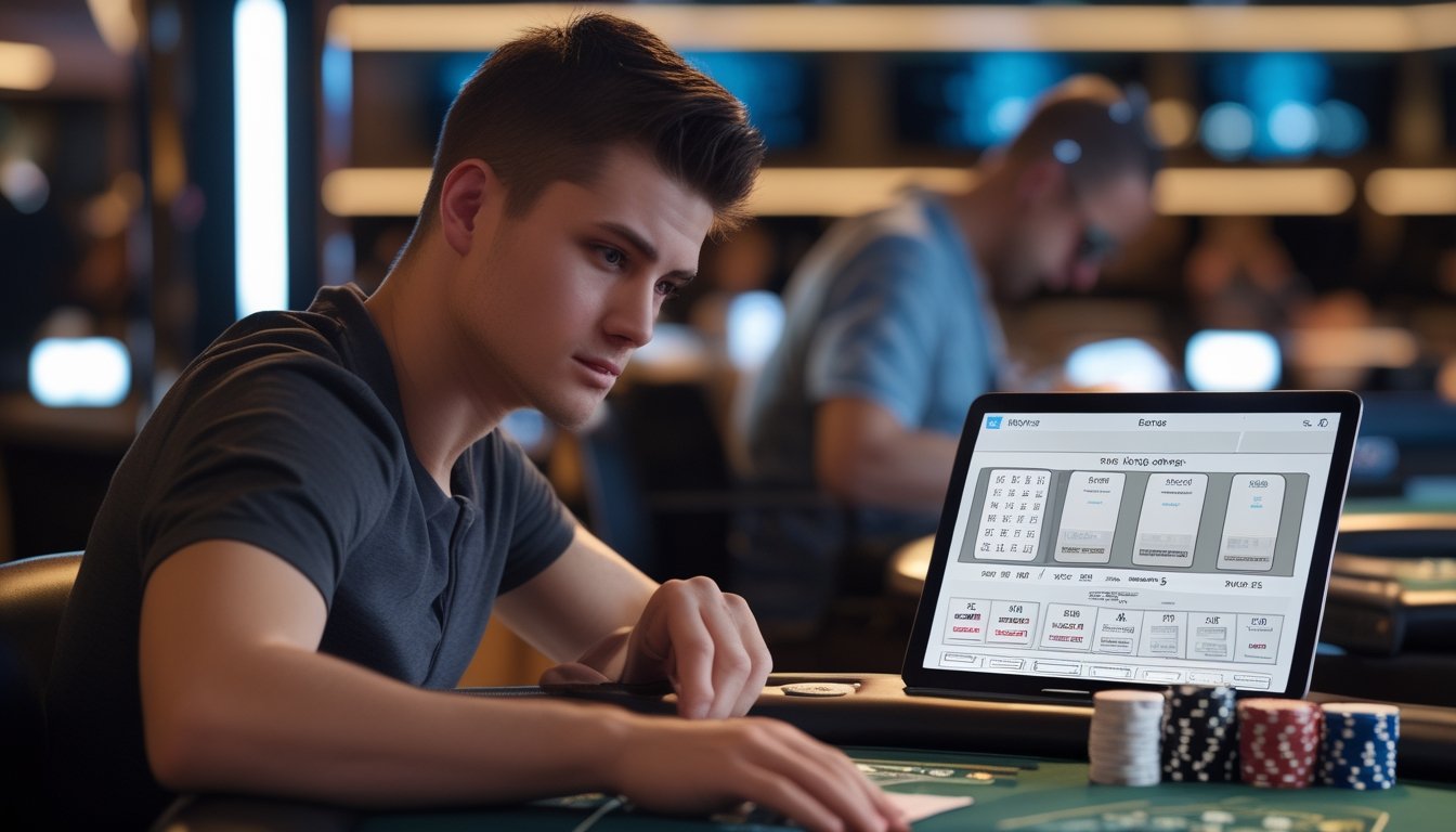 Seorang pria muda duduk di meja poker dengan kartu dan chip, tampak fokus bermain di kasino.