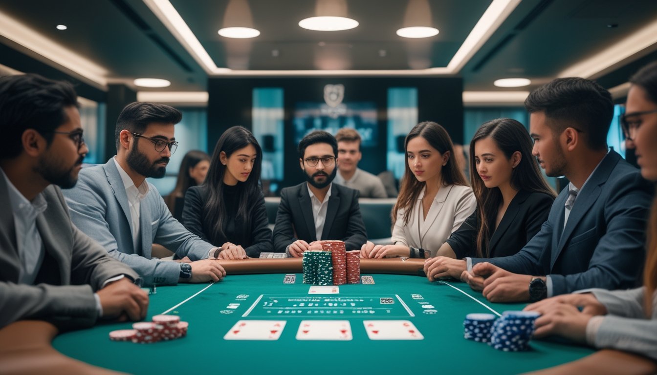 Sekelompok pemain poker yang serius bermain di meja poker dengan kartu dan chip, di sebuah ruang poker modern.