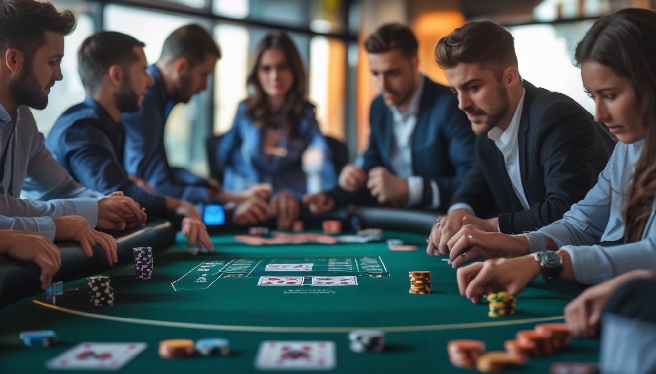 Meja poker dengan pemain yang sedang bermain Pot-Limit Omaha, dengan chip dan kartu di meja.