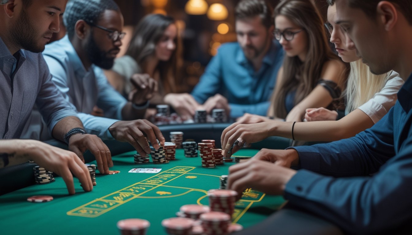Beberapa orang bermain poker Pot-Limit Omaha di meja hijau dengan tumpukan chip dan kartu, suasana serius dan fokus.