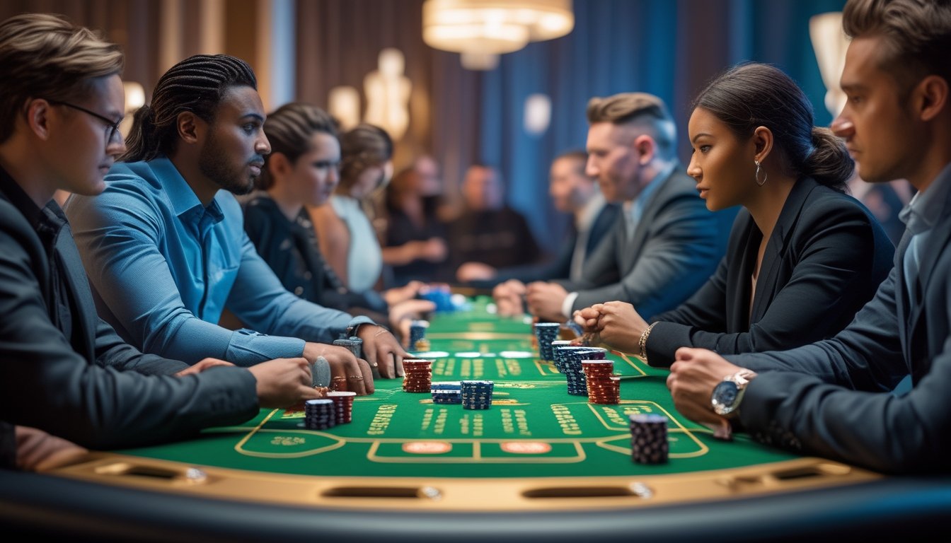 Meja poker dengan tumpukan chip dan kartu bermain, beberapa pemain fokus bermain di kasino yang elegan.