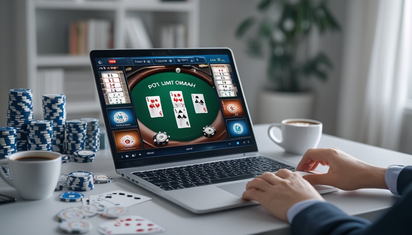 Seorang pemain sedang menggunakan laptop dengan tampilan permainan poker Pot-Limit Omaha online, dikelilingi chip poker dan kartu di atas meja.