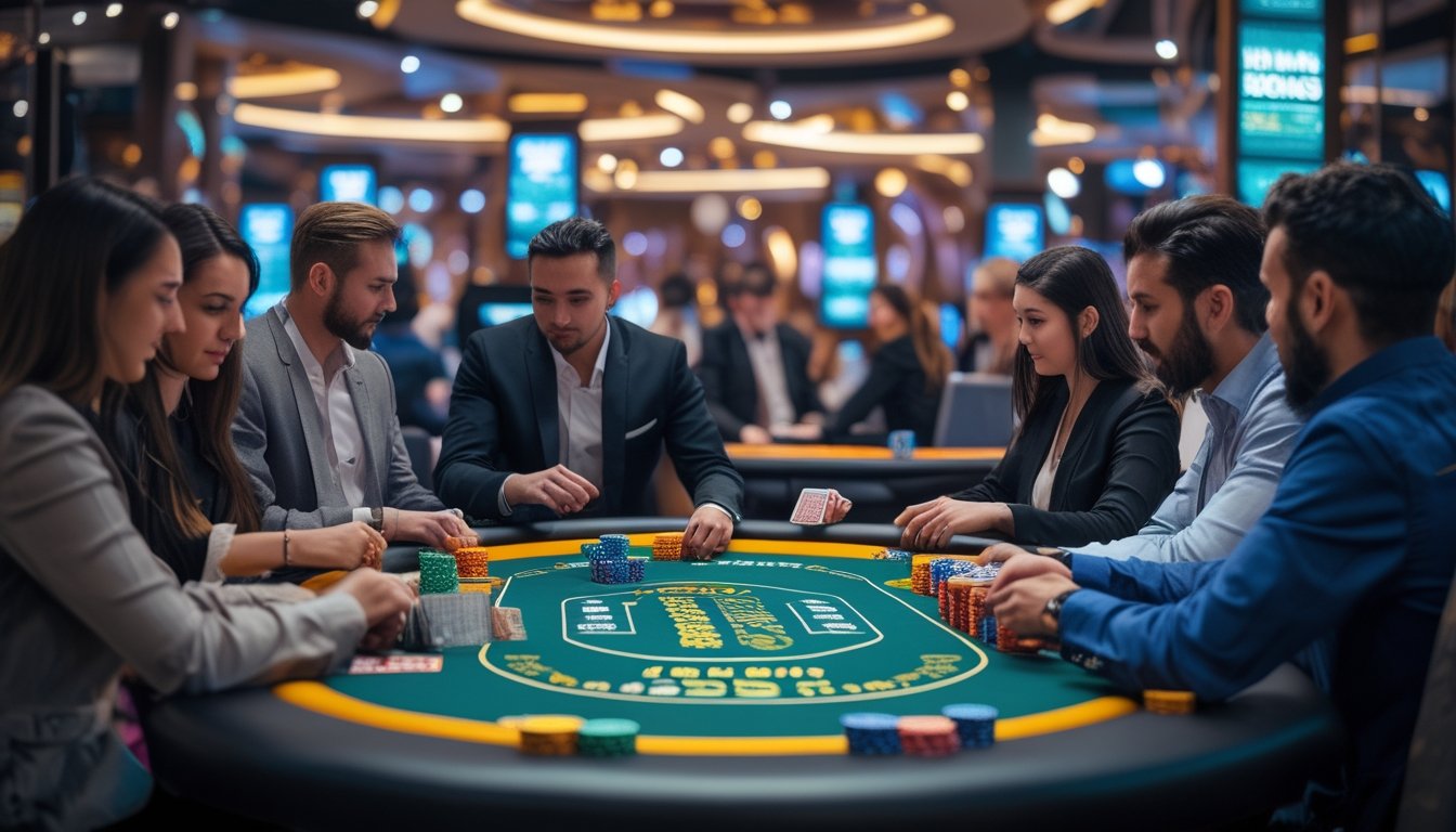 Meja poker dengan beberapa pemain yang sedang bermain Pot-Limit Omaha di kasino modern dengan suasana yang terang dan mewah.