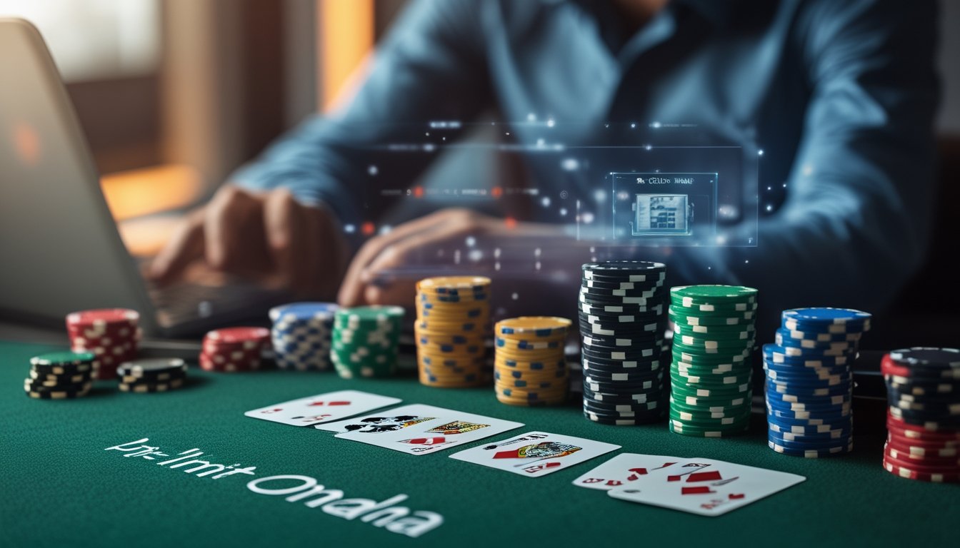 Meja poker dengan chip dan kartu, latar belakang menampilkan perangkat digital yang menunjukkan permainan poker online.
