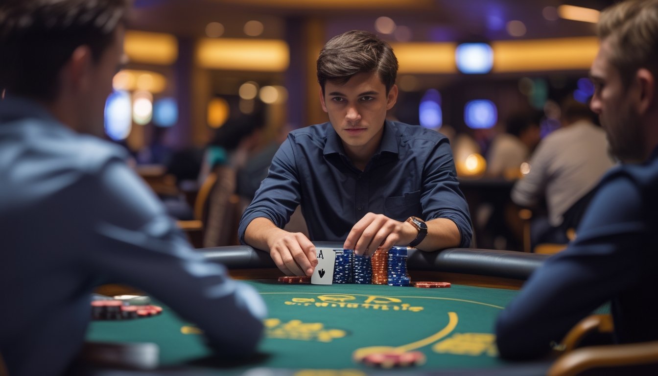 Seorang pria muda duduk di meja poker dengan kartu dan tumpukan chip di depan, fokus bermain di kasino.