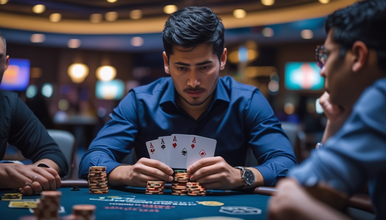 Seorang pemain poker serius duduk di meja poker dengan kartu dan tumpukan chip di depan, di dalam suasana kasino yang terang dan ramai.
