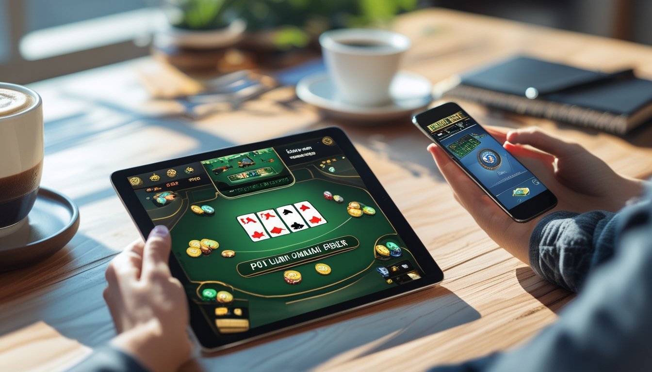 Meja kerja dengan smartphone dan tablet yang menampilkan permainan poker Pot-Limit Omaha, dengan latar belakang benda-benda seperti cangkir kopi dan buku catatan.