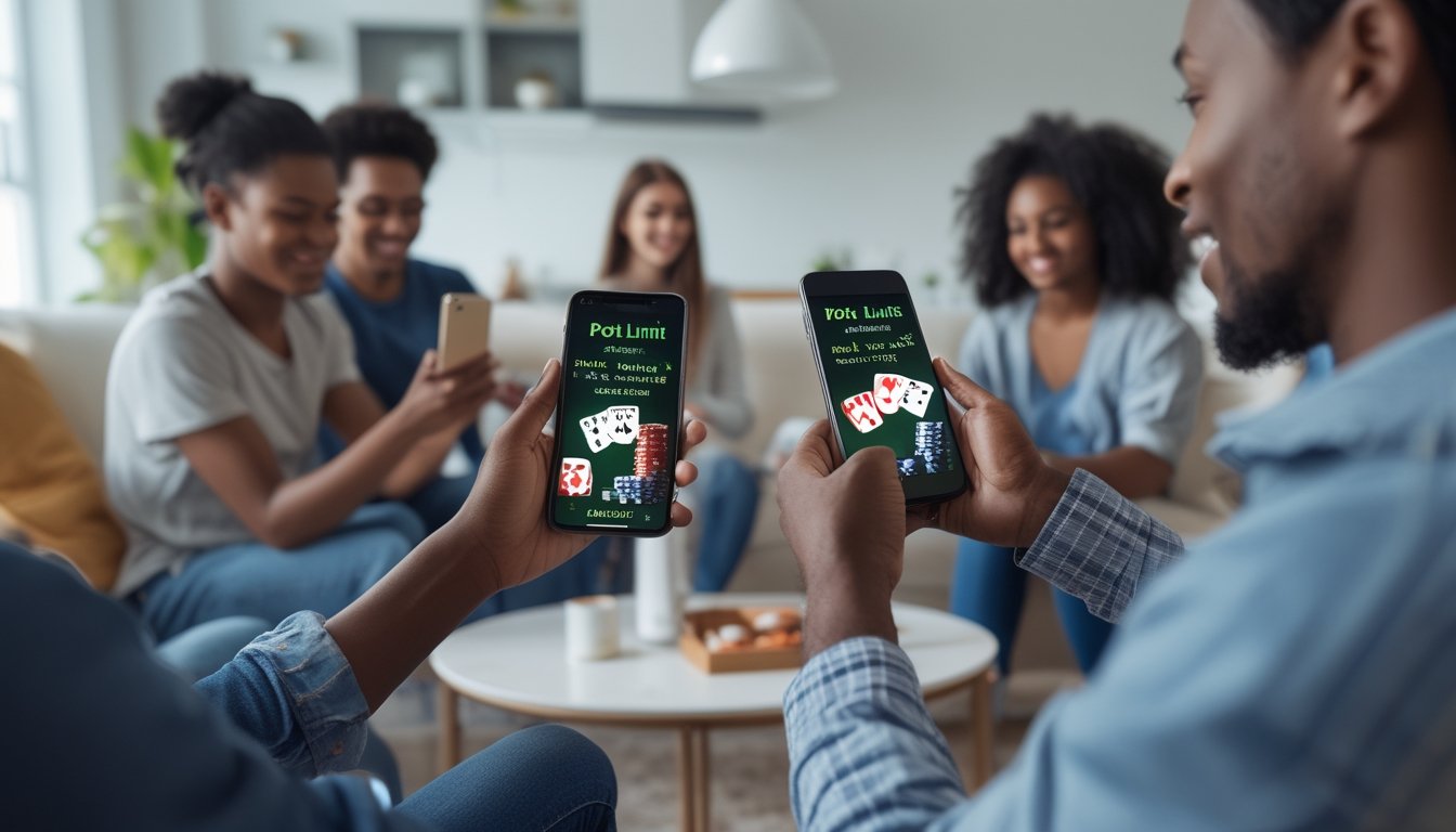 Beberapa orang muda sedang bermain poker Pot-Limit Omaha menggunakan ponsel Android dan iPhone di ruang tamu yang nyaman.