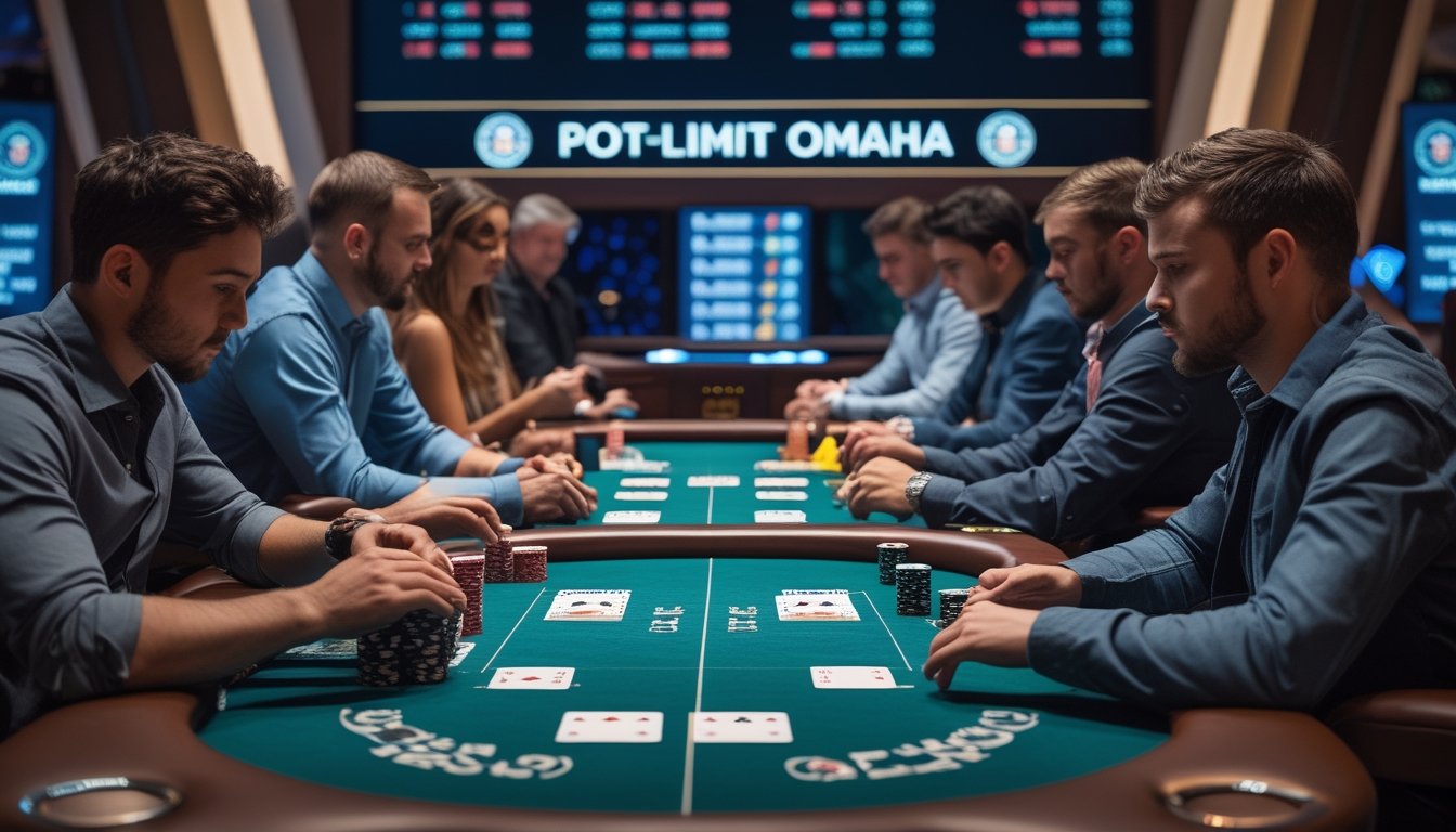 Meja poker dengan dua kelompok pemain yang sedang bermain Texas Holdem dan Pot-Limit Omaha, dengan kartu dan chip di meja dalam suasana kasino yang modern.