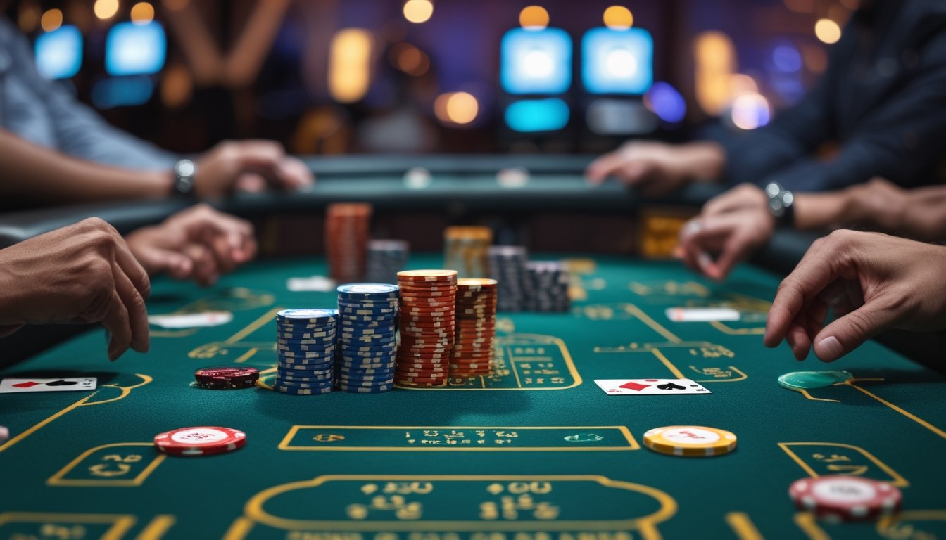 Meja poker dengan dua permainan yang berbeda, Texas Hold'em dan Pot-Limit Omaha, dengan kartu dan tumpukan chip di atas meja.