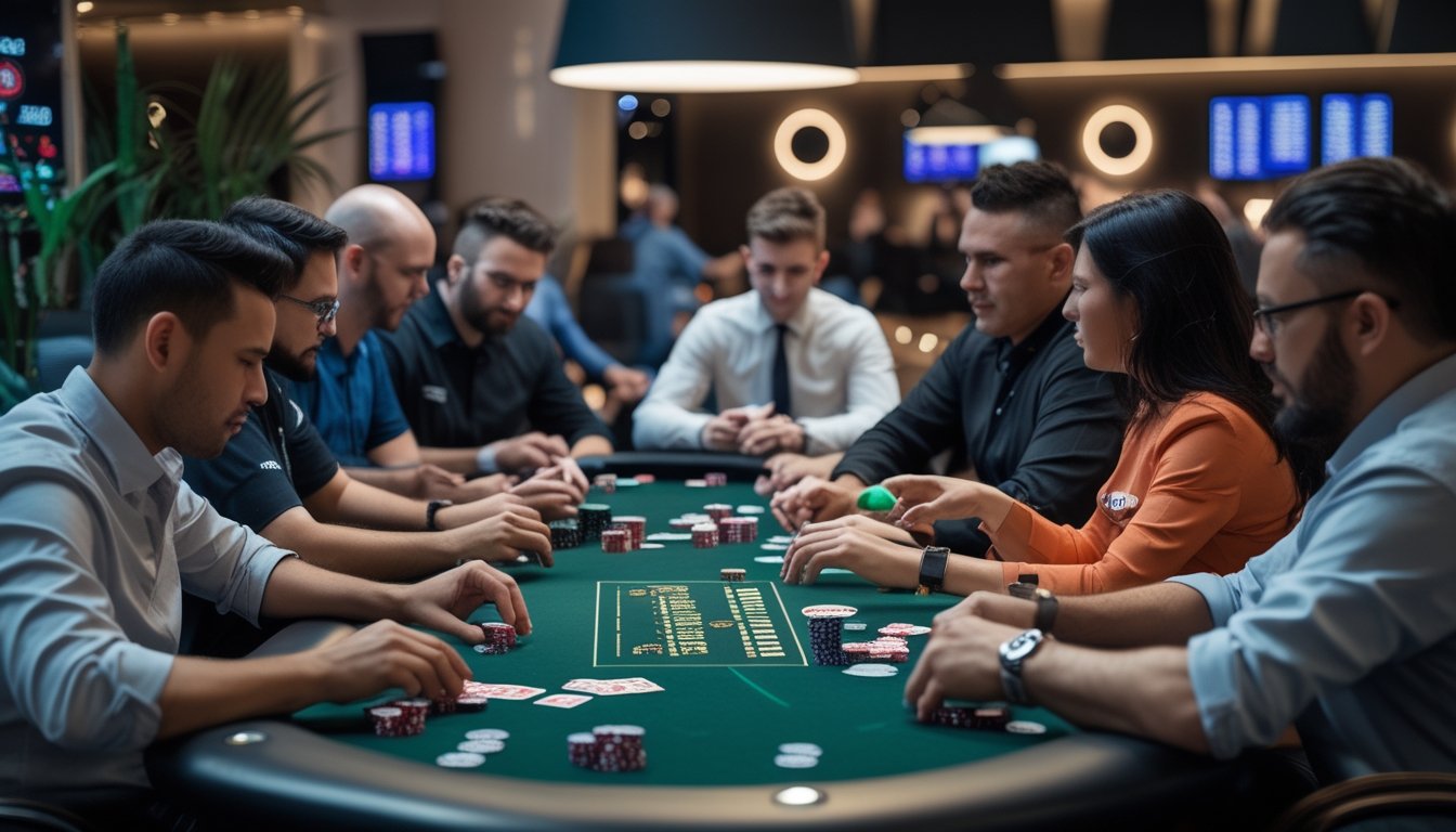 Sekelompok pemain poker sedang bermain Pot-Limit Omaha di meja poker modern dengan suasana kasino yang elegan.