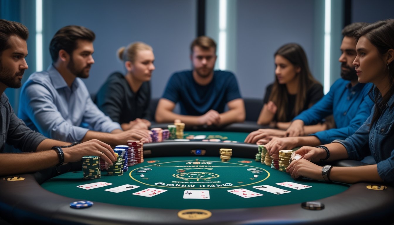 Sekelompok pemain poker sedang bermain Pot-Limit Omaha di meja poker dengan tumpukan chip dan kartu di ruangan kasino yang modern.