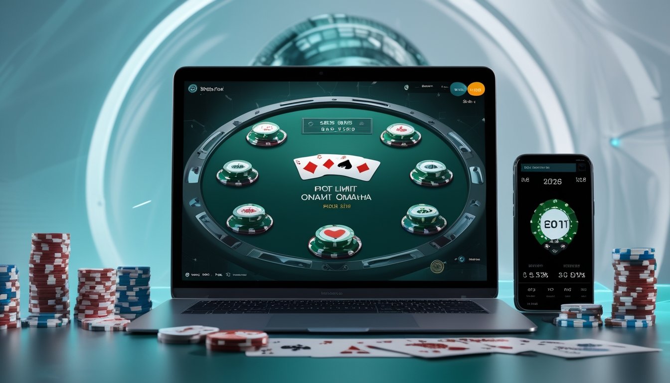 Seorang pria duduk di meja dengan laptop yang menampilkan permainan poker, dikelilingi chip poker dan kartu, menunjukkan suasana fokus dan teknologi.