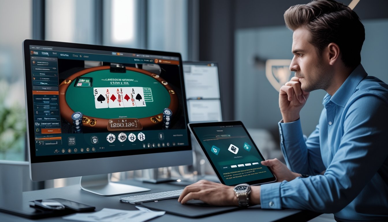 Seorang profesional sedang menganalisis permainan poker online di ruang kerja modern dengan layar komputer menampilkan meja poker digital dan chip.