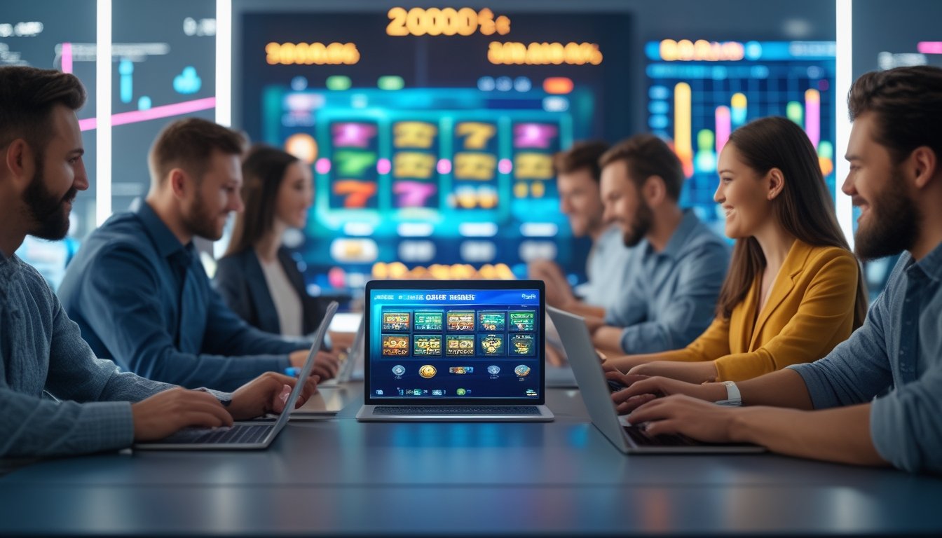 Orang-orang menggunakan laptop dan tablet dengan tampilan permainan slot warna-warni di lingkungan kantor modern.