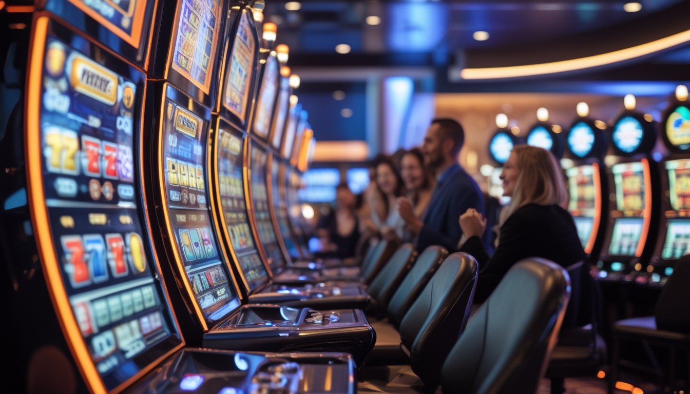 Suasana kasino modern dengan beberapa mesin slot yang menyala dan orang-orang yang sedang bermain dan terlihat senang.