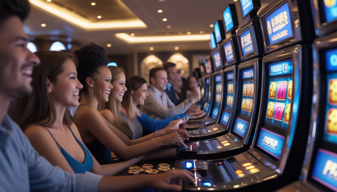Orang-orang bermain mesin slot di kasino yang terang dengan suasana yang menyenangkan dan penuh semangat.