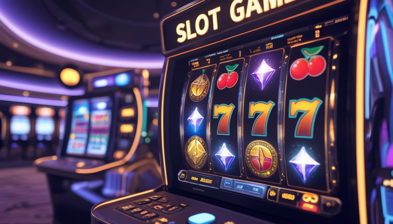 Antarmuka permainan slot online dengan gulungan berputar dan simbol warna-warni di latar belakang lounge permainan modern.