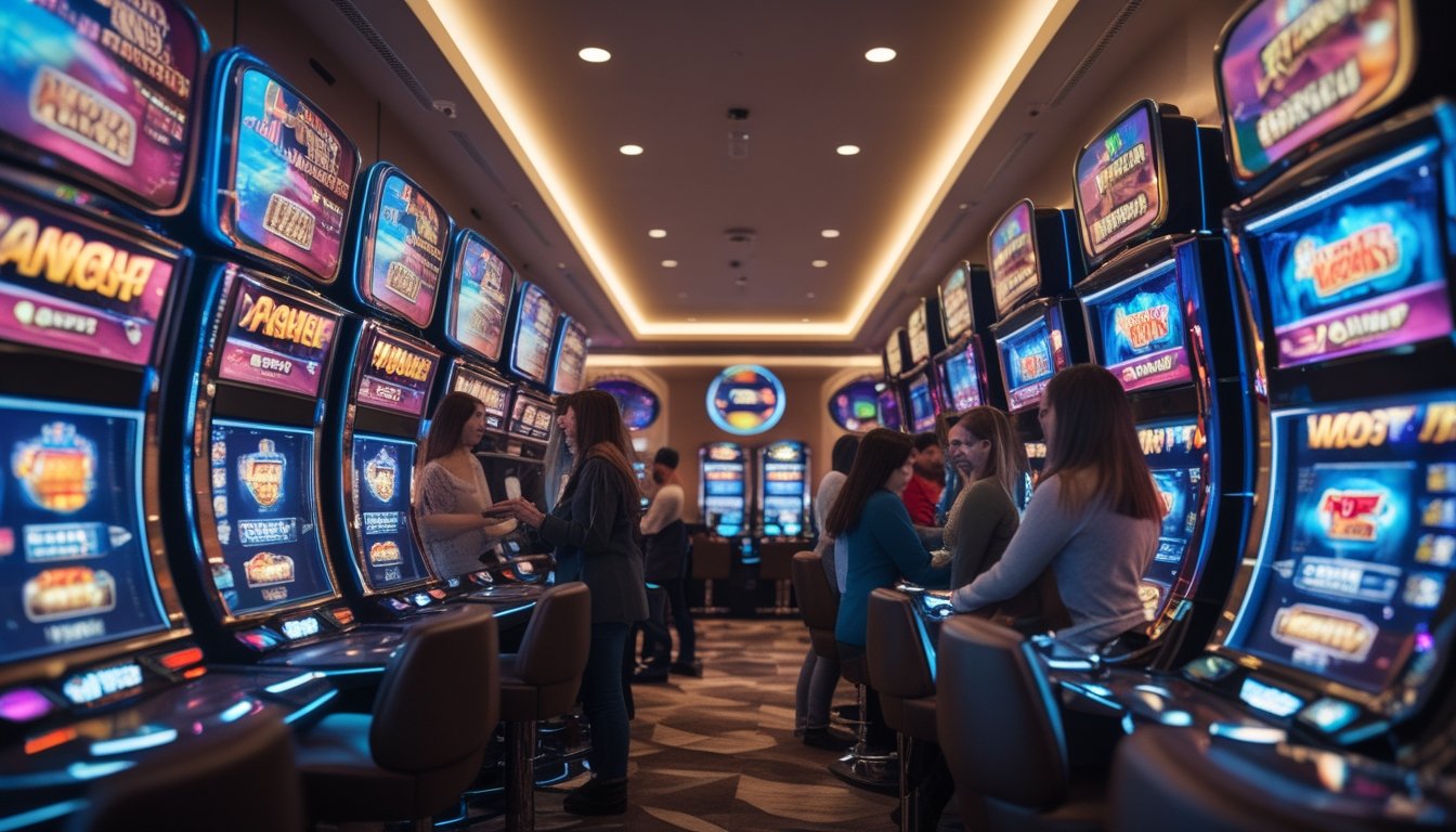 Orang-orang bermain mesin slot di kasino modern dengan suasana cerah dan penuh warna.