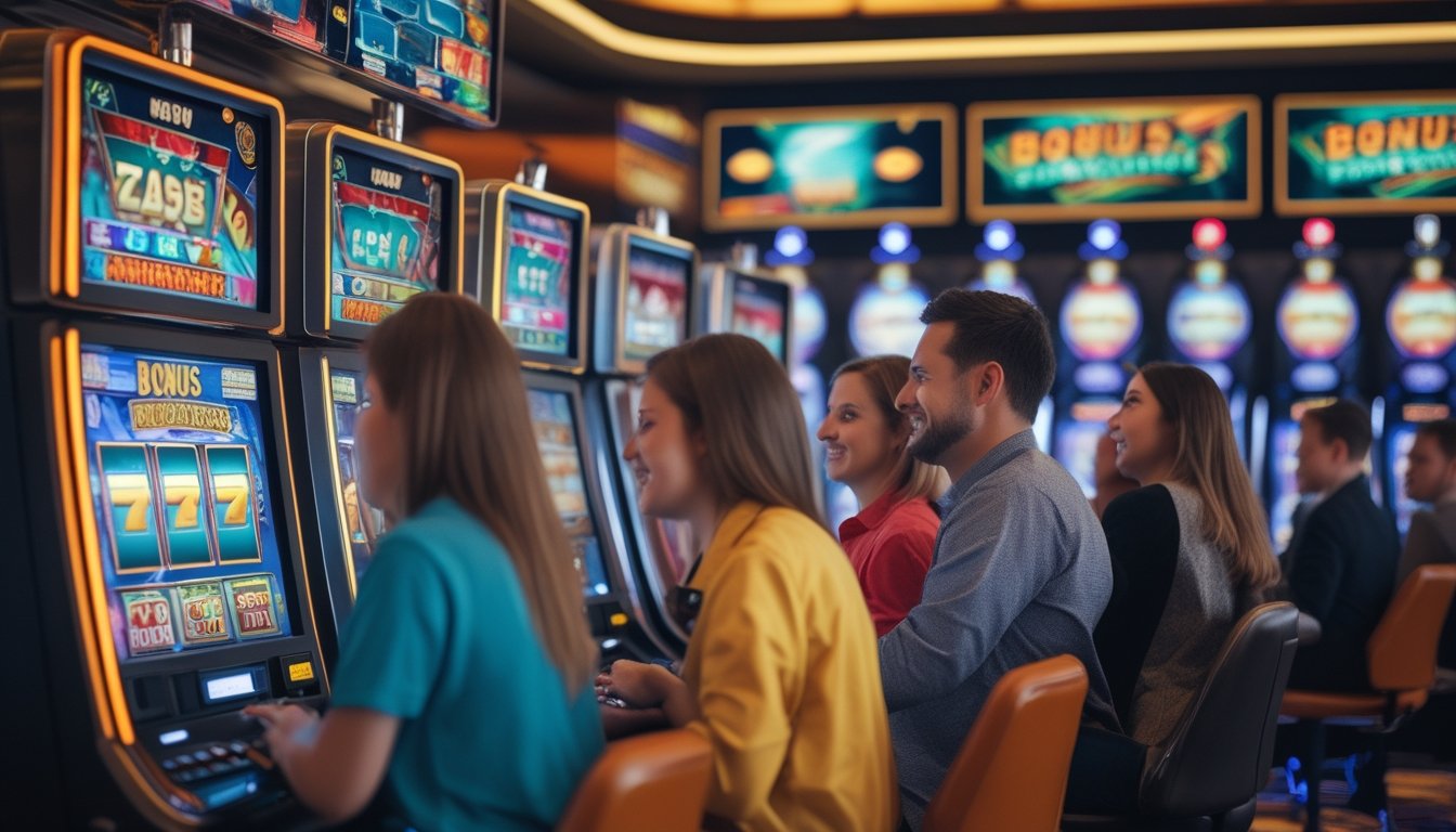 Sejumlah orang bermain mesin slot di kasino dengan suasana cerah dan modern, menampilkan ekspresi antusias dan fokus.