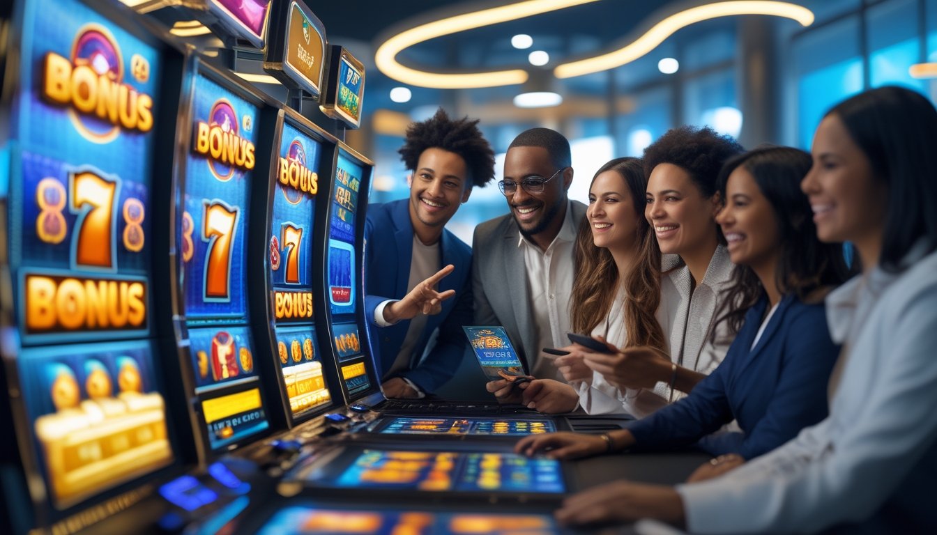Sekelompok orang yang senang melihat layar besar menampilkan hasil kemenangan permainan slot dengan simbol jackpot dan koin emas.