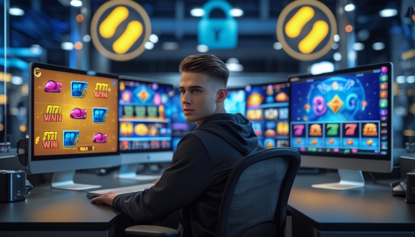 Seorang dewasa muda duduk di depan komputer dengan layar yang menampilkan permainan slot online berwarna-warni dan simbol kemenangan.