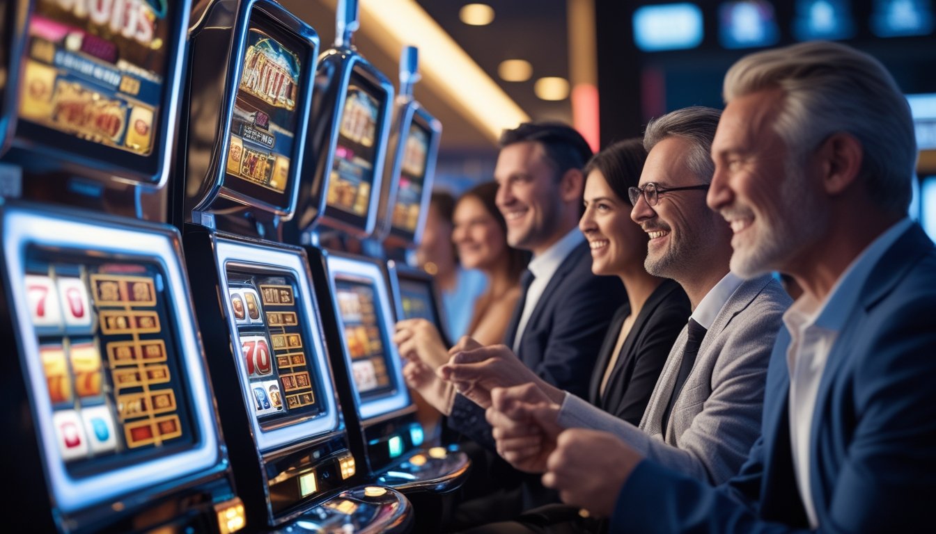 Sejumlah orang bermain mesin slot yang berwarna-warni di dalam kasino dengan suasana yang meriah dan pencahayaan hangat.