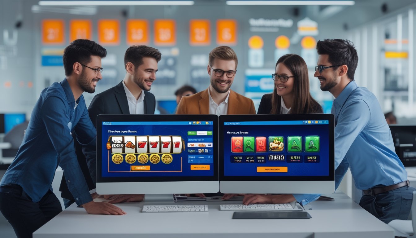 Sekelompok profesional muda bekerja bersama di kantor modern dengan layar komputer yang menampilkan permainan slot dan promosi cashback.