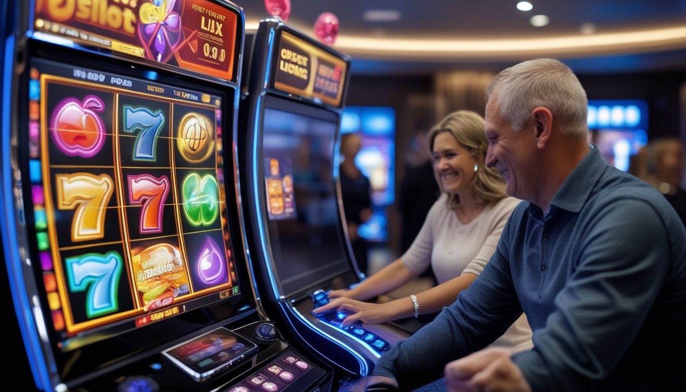 Orang-orang sedang bermain mesin slot digital di ruang permainan yang aman dan resmi dengan suasana ceria.