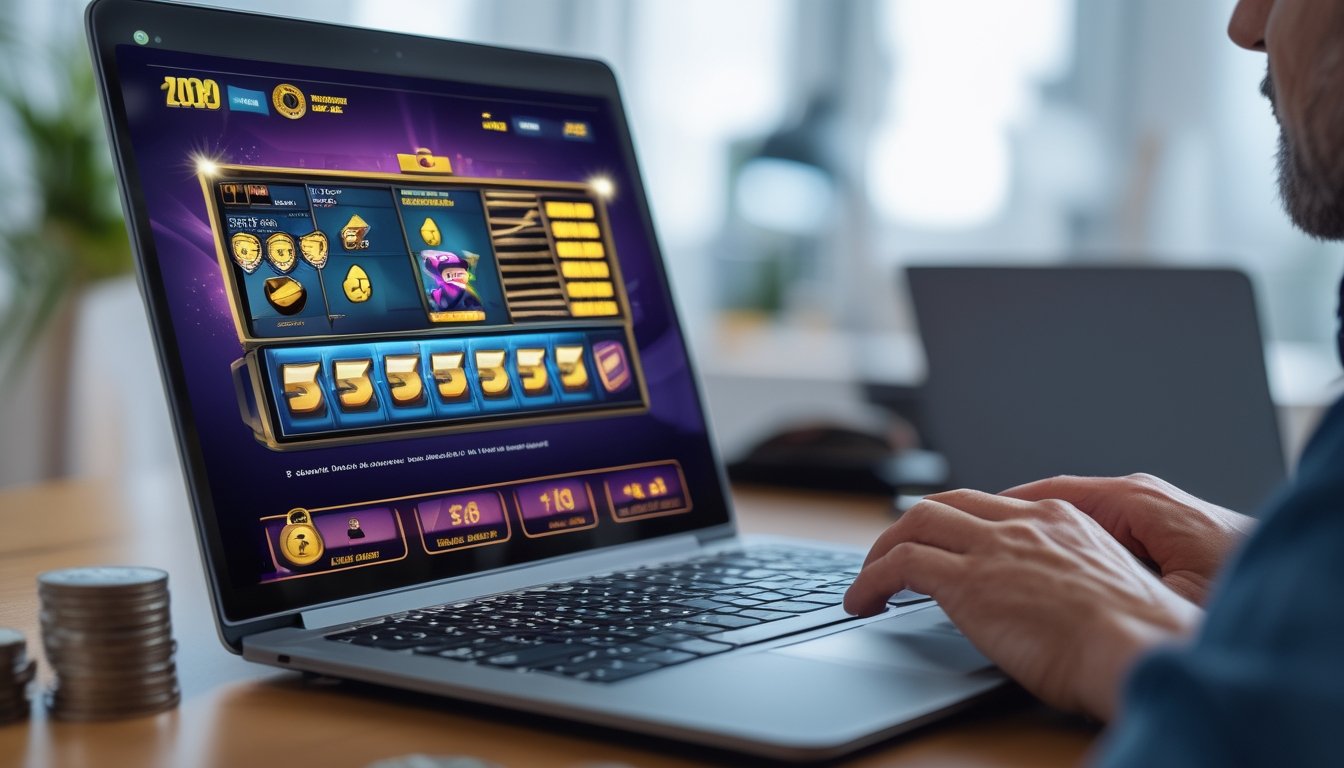 Seorang pengguna dewasa sedang menggunakan laptop dengan tampilan permainan slot online yang aman dan resmi di lingkungan kantor rumah yang terang dan rapi.