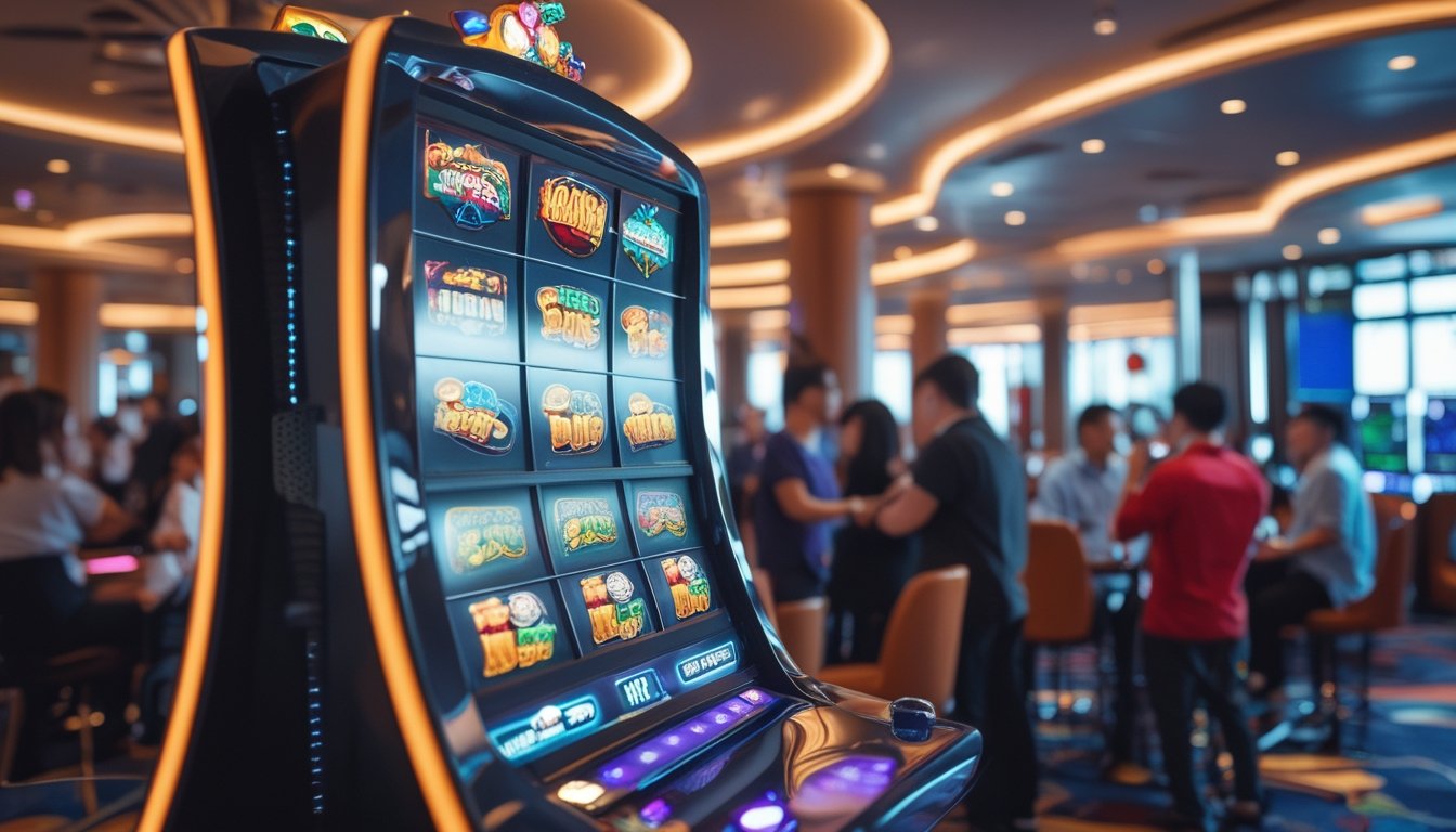 Suasana kasino modern dengan mesin slot digital berwarna-warni dan orang-orang yang menikmati permainan di latar belakang.