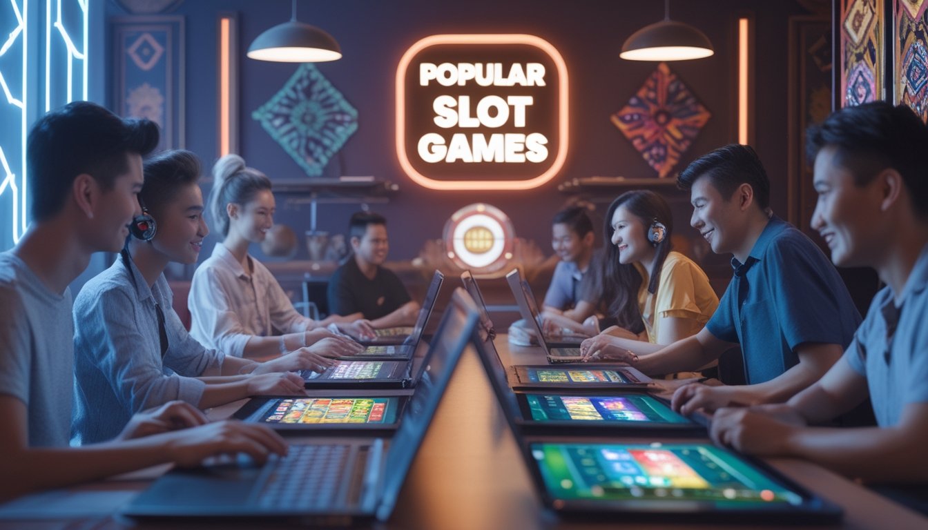 Sekelompok orang muda sedang bermain game slot online di perangkat digital dalam ruangan yang modern dan cerah dengan dekorasi budaya Indonesia.