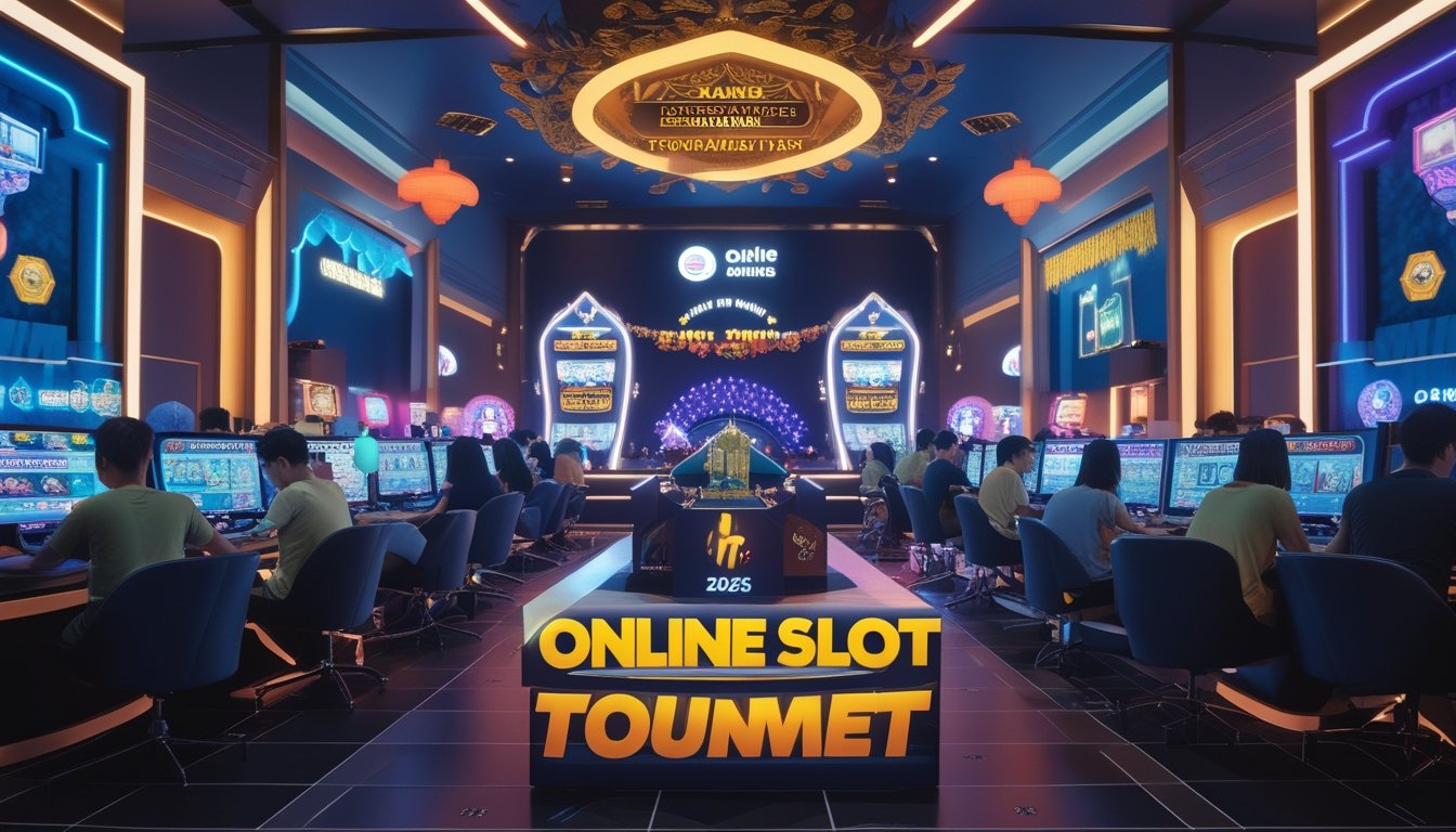 Orang-orang muda bermain game slot online di sebuah ruang permainan modern dengan dekorasi yang mencerminkan budaya Indonesia dan suasana turnamen.