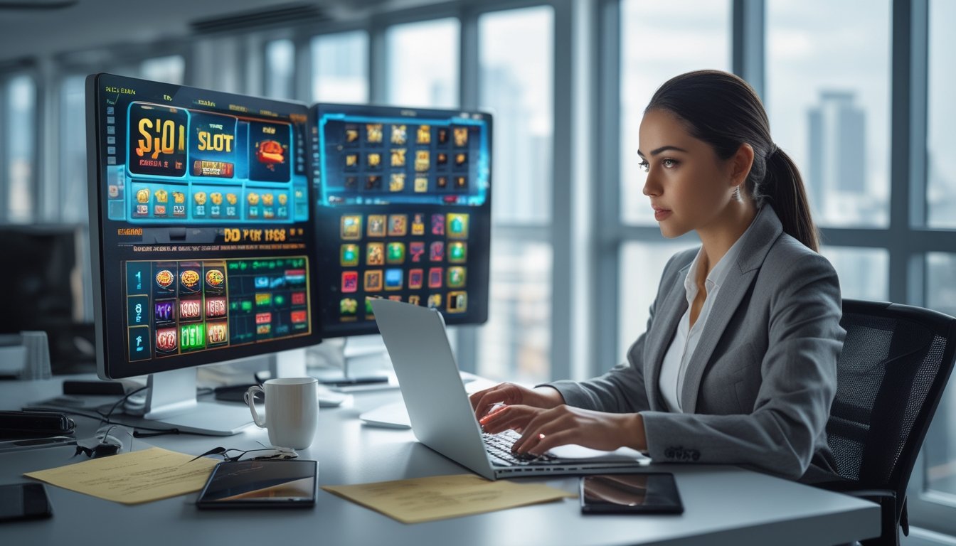 Seorang wanita muda duduk di meja modern sambil melihat layar komputer dan tablet yang menampilkan permainan slot, di ruang kantor dengan pemandangan kota di belakangnya.